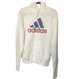 Adidas Mens Two-Tone Bos Hooded Sweatshirt White Red Blue Logo Pullover Sz M